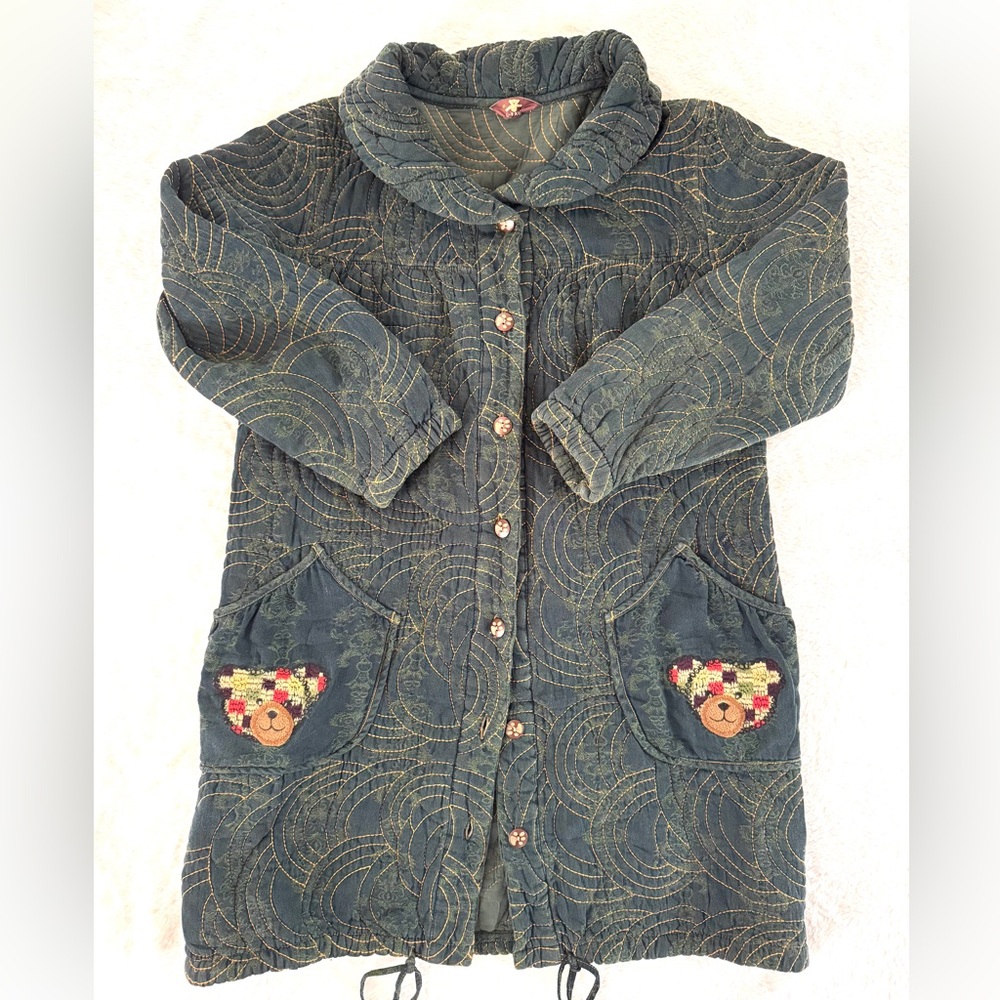 K-Free quilted cotton puffer coat teddy bear embroidered pockets NWT size M‎